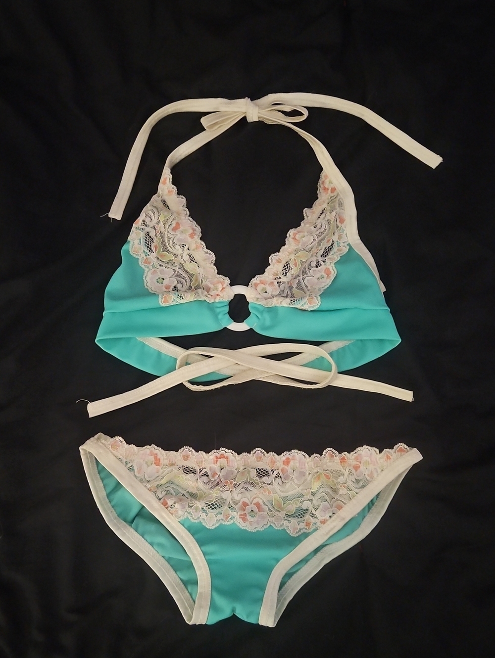 Hot Girl Aqua Blue & Cream Lace 2-Piece Halter Set - Fits Like XS